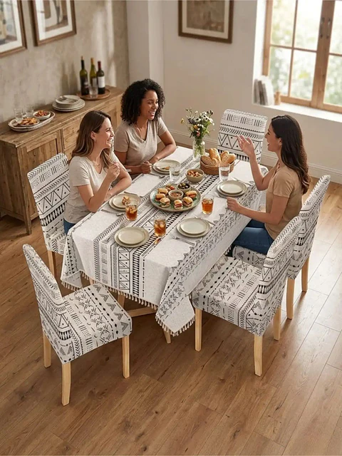 Set de Mantel Antimanchas + 6 Fundas Sillas Elásticas