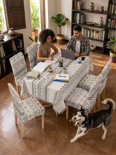 Set de Mantel Antimanchas + 6 Fundas Sillas Elásticas