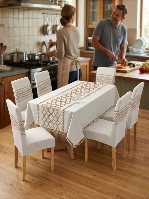 Set de Mantel Antimanchas + 6 Fundas Sillas Elásticas