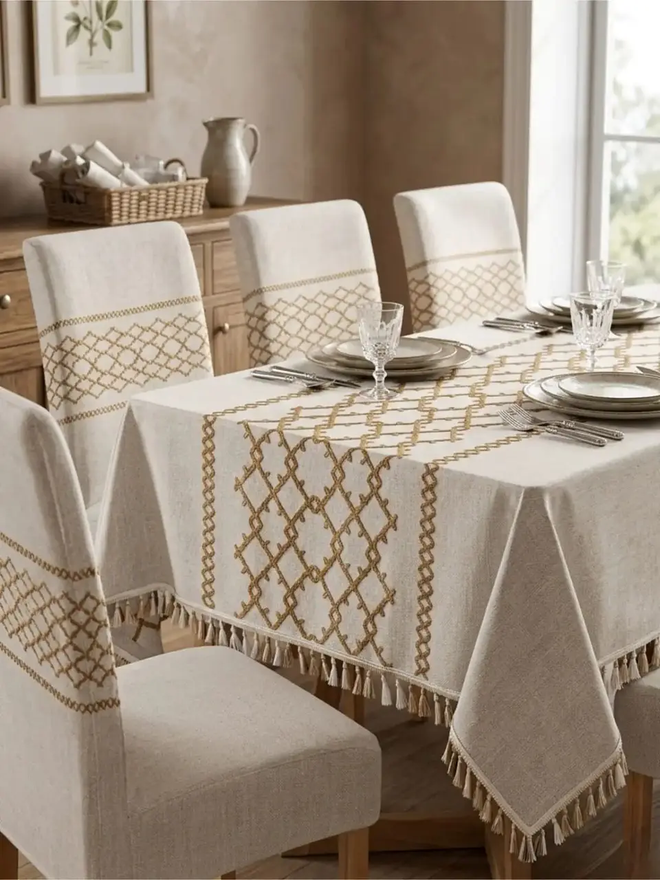Set de Mantel Antimanchas + 6 Fundas Sillas Elásticas 4