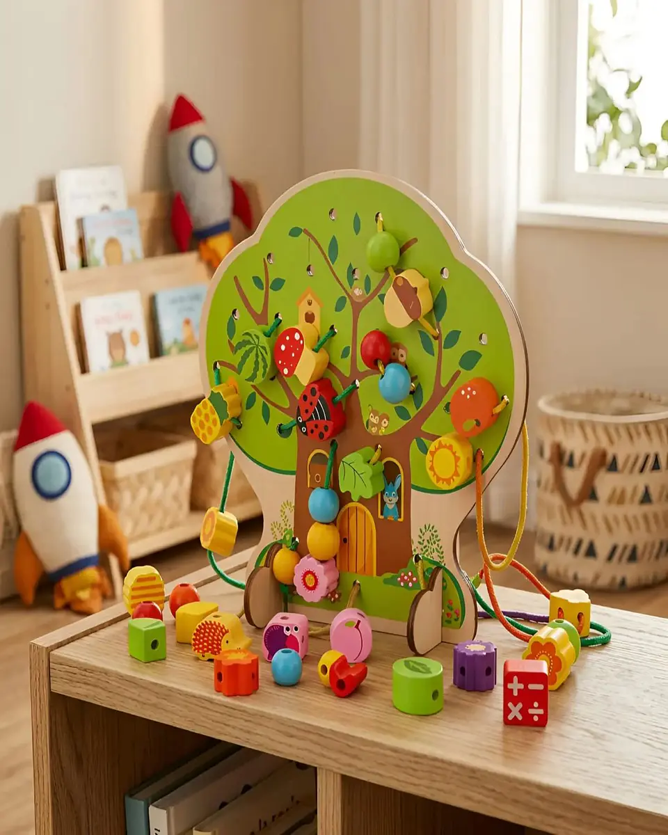 Juego de Enhebrado de Madera Árbol Montessori con Piezas de Frutas y Animales 1