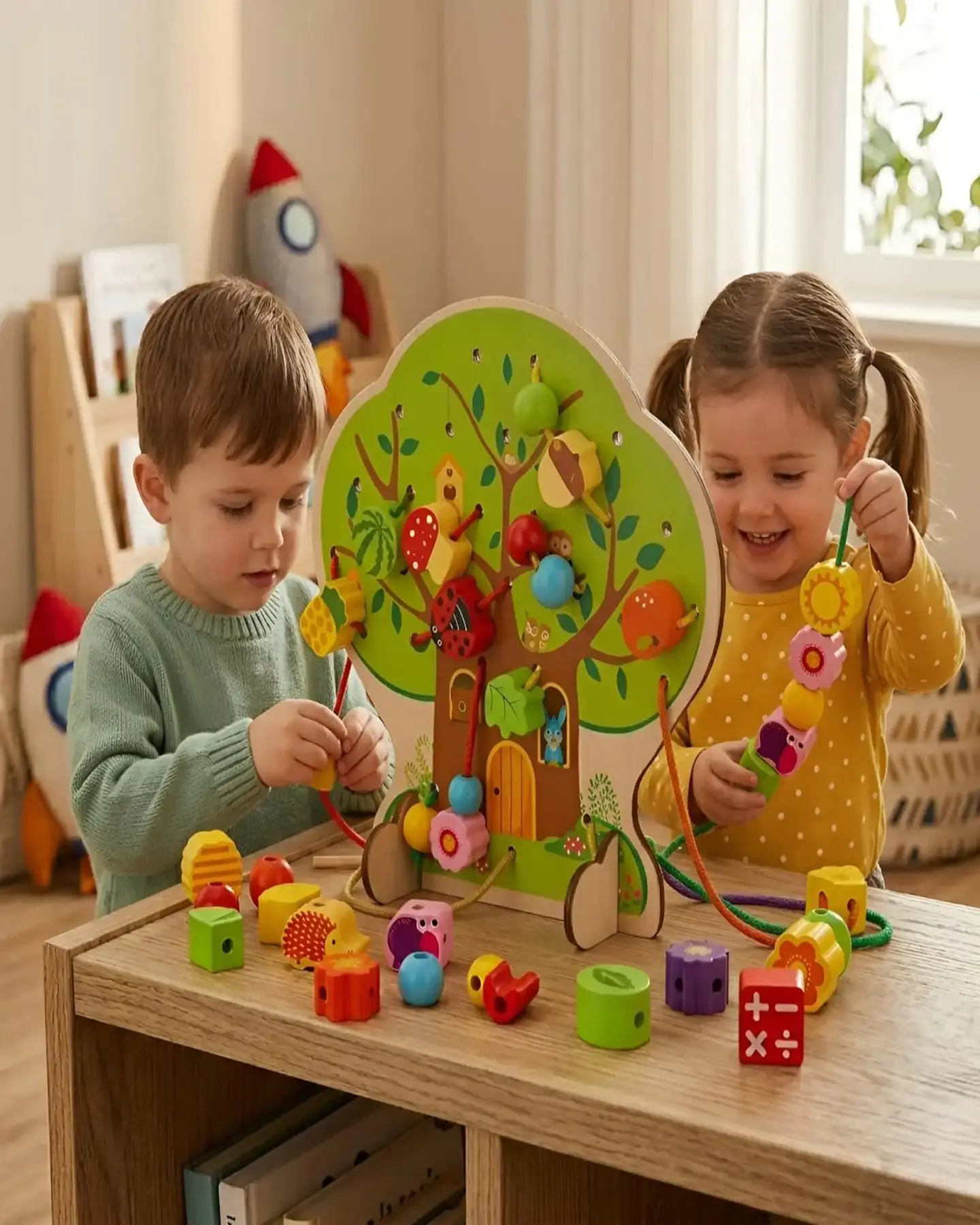 Juego de Enhebrado de Madera Árbol Montessori con Piezas de Frutas y Animales 4