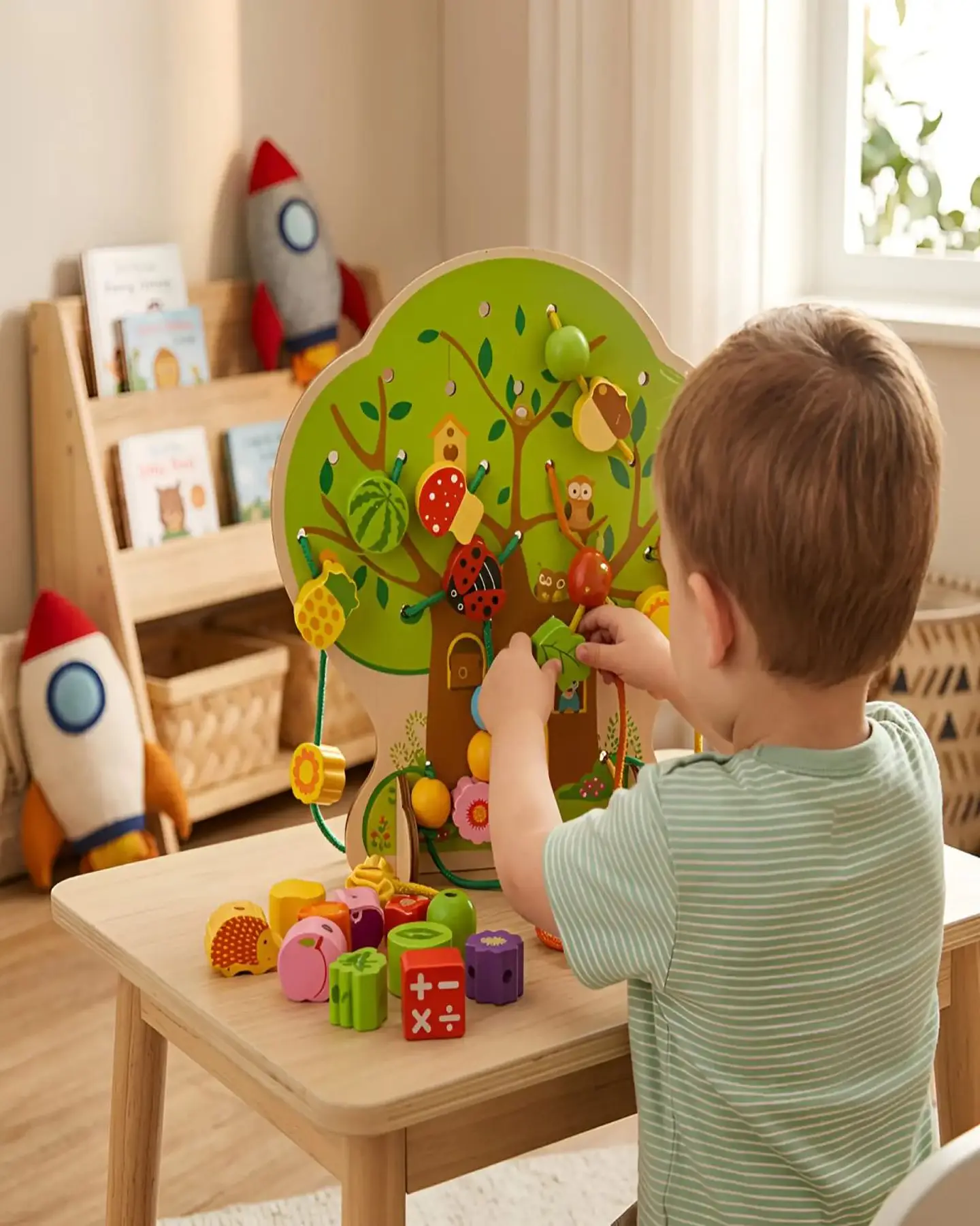 Juego de Enhebrado de Madera Árbol Montessori con Piezas de Frutas y Animales 5