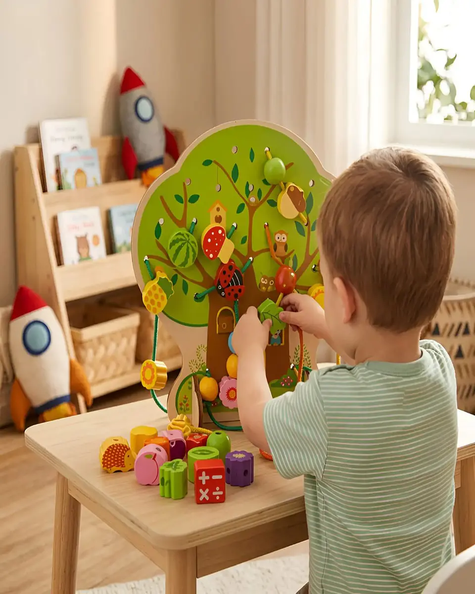 Juego de Enhebrado de Madera Árbol Montessori con Piezas de Frutas y Animales 5