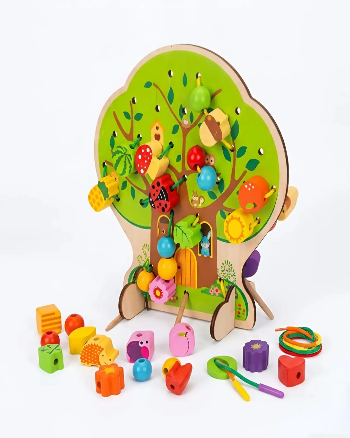 Juego de Enhebrado de Madera Árbol Montessori con Piezas de Frutas y Animales 7
