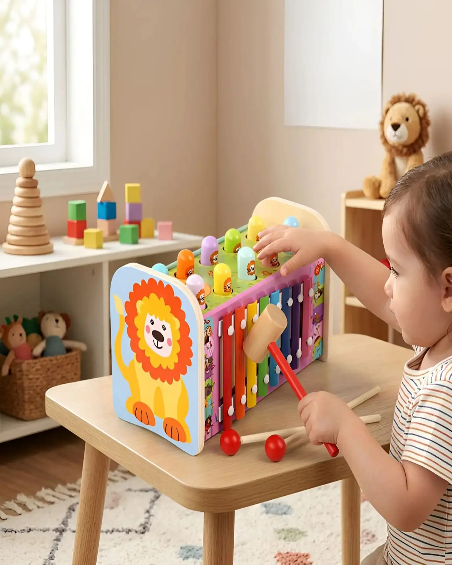Juguete Musical 2 en 1 de Madera Xilófono y Juego de Martillar León 1
