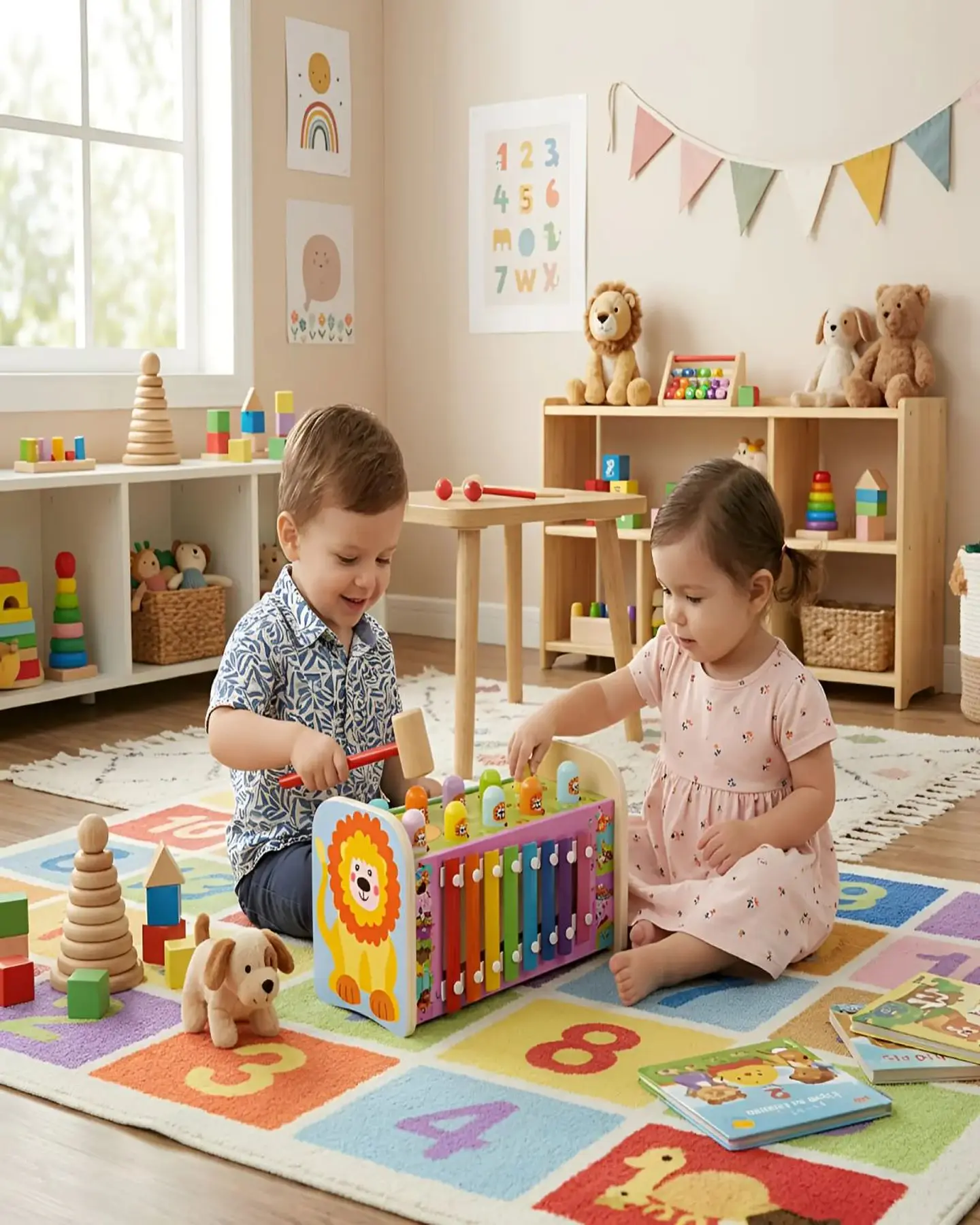 Juguete Musical 2 en 1 de Madera Xilófono y Juego de Martillar León 2