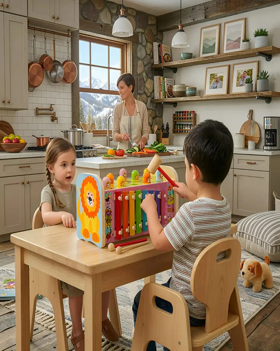 Juguete Musical 2 en 1 de Madera Xilófono y Juego de Martillar León 6