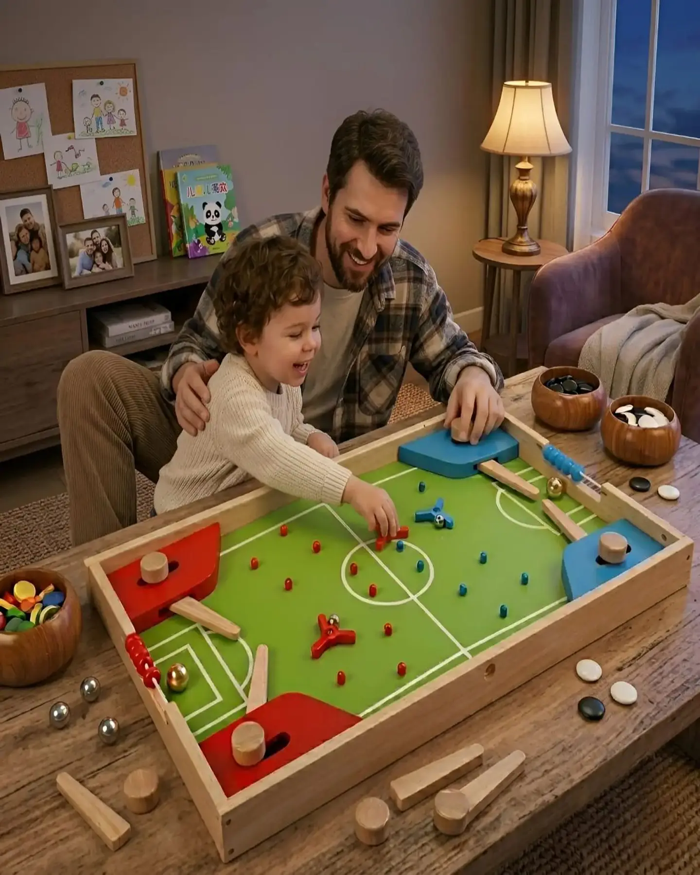Centro de Juegos de Madera 4 en 1 - Fútbol Pinball, Ludo y Juegos de Estrategia 1
