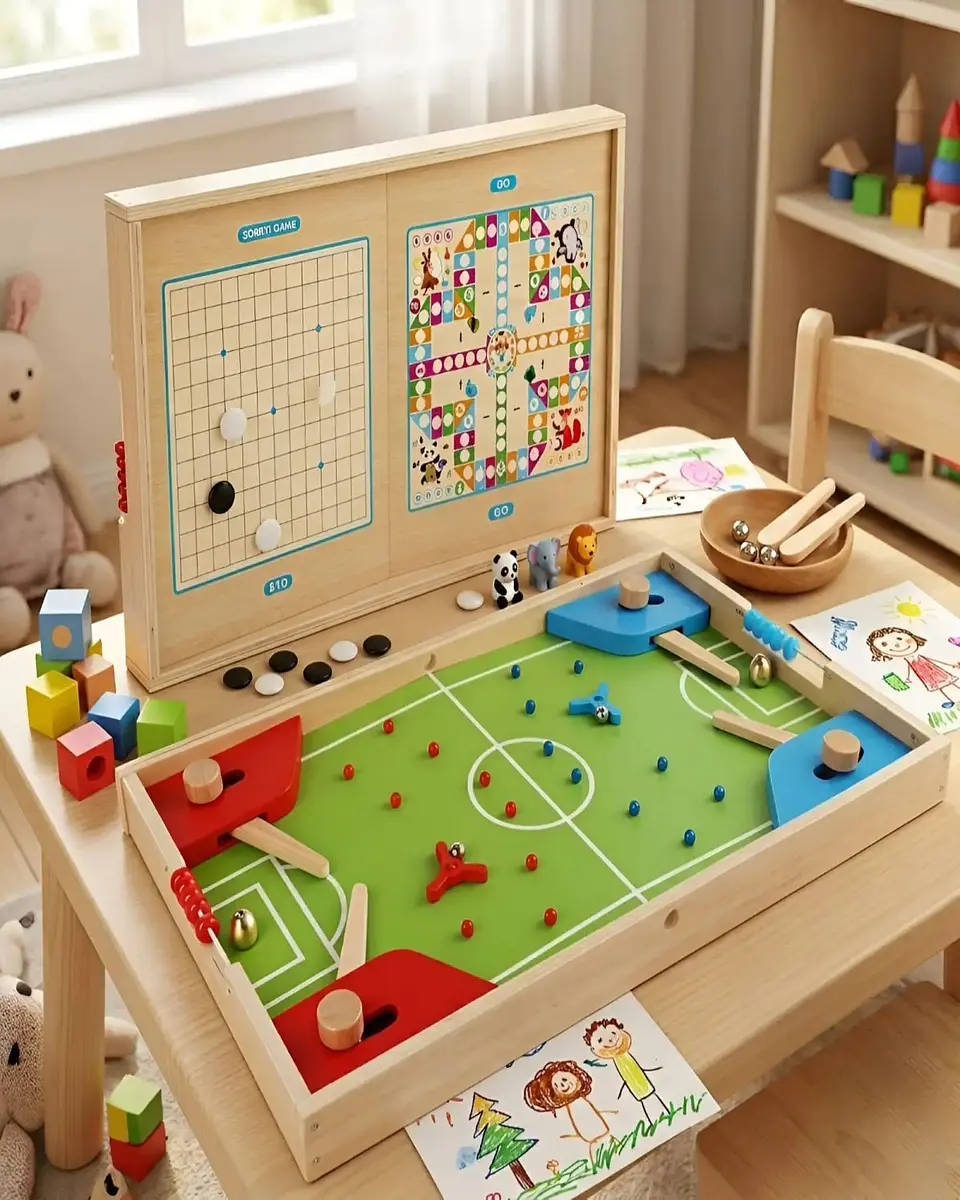 Centro de Juegos de Madera 4 en 1 - Fútbol Pinball, Ludo y Juegos de Estrategia 2