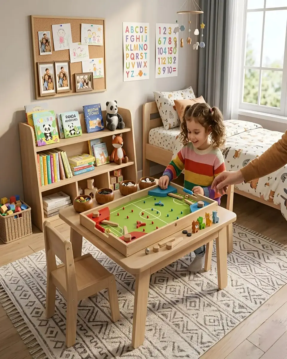 Centro de Juegos de Madera 4 en 1 - Fútbol Pinball, Ludo y Juegos de Estrategia 3