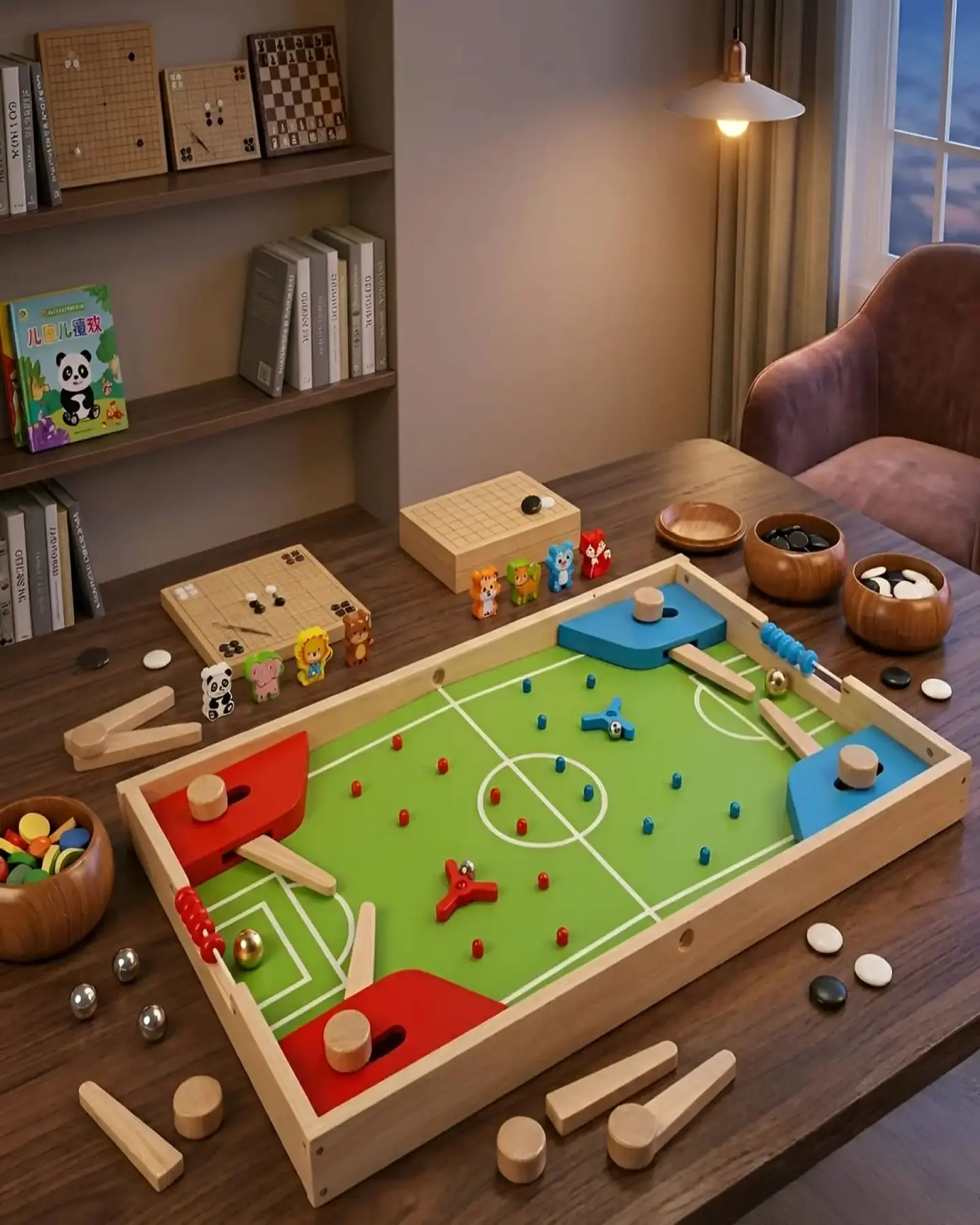 Centro de Juegos de Madera 4 en 1 - Fútbol Pinball, Ludo y Juegos de Estrategia 5