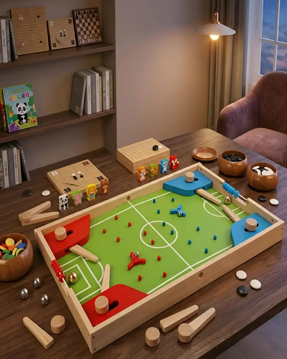 Centro de Juegos de Madera 4 en 1 - Fútbol Pinball, Ludo y Juegos de Estrategia 5