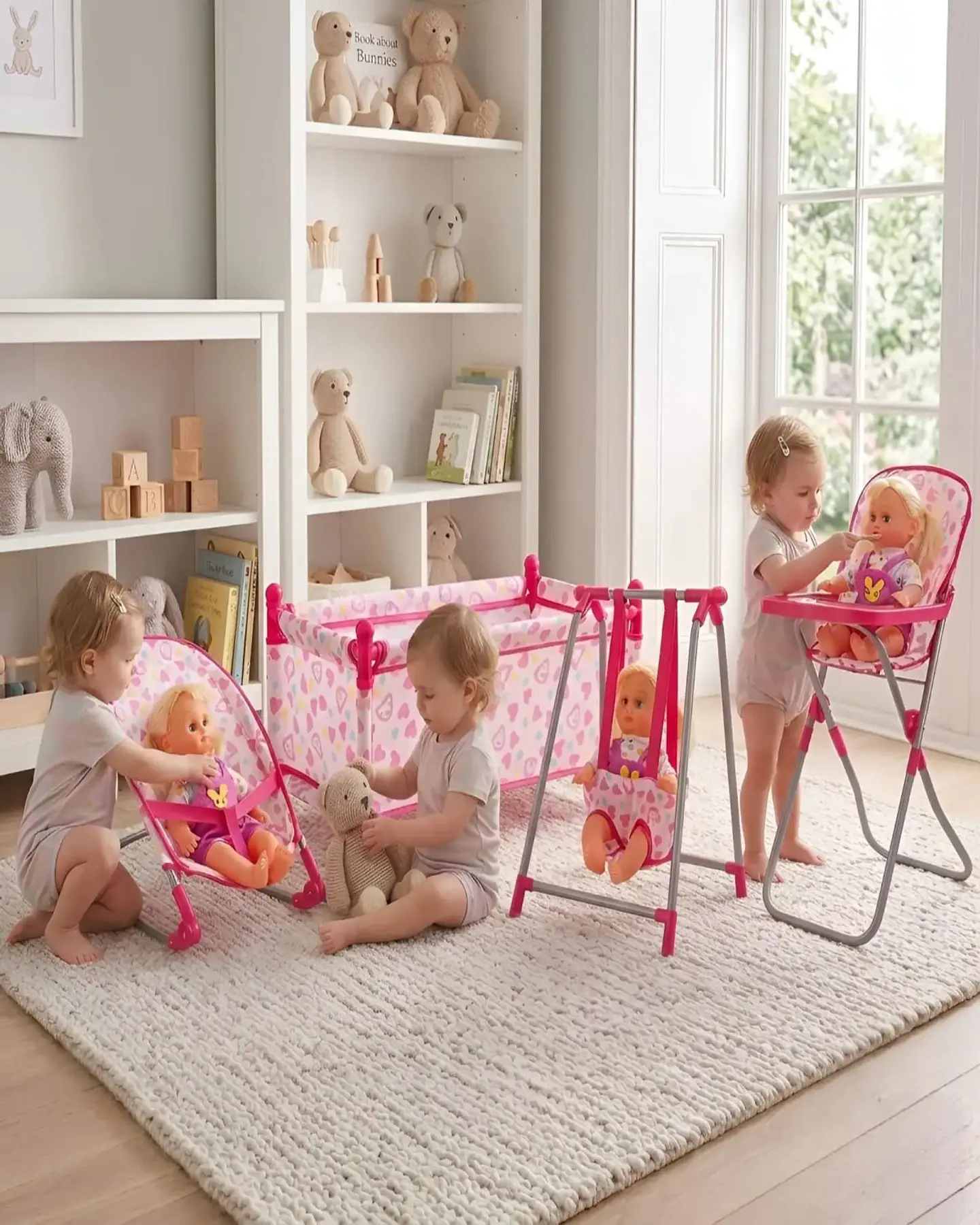 Set Muñecas 4 En 1 Cuna Silla Columpio Y Hamaca 3