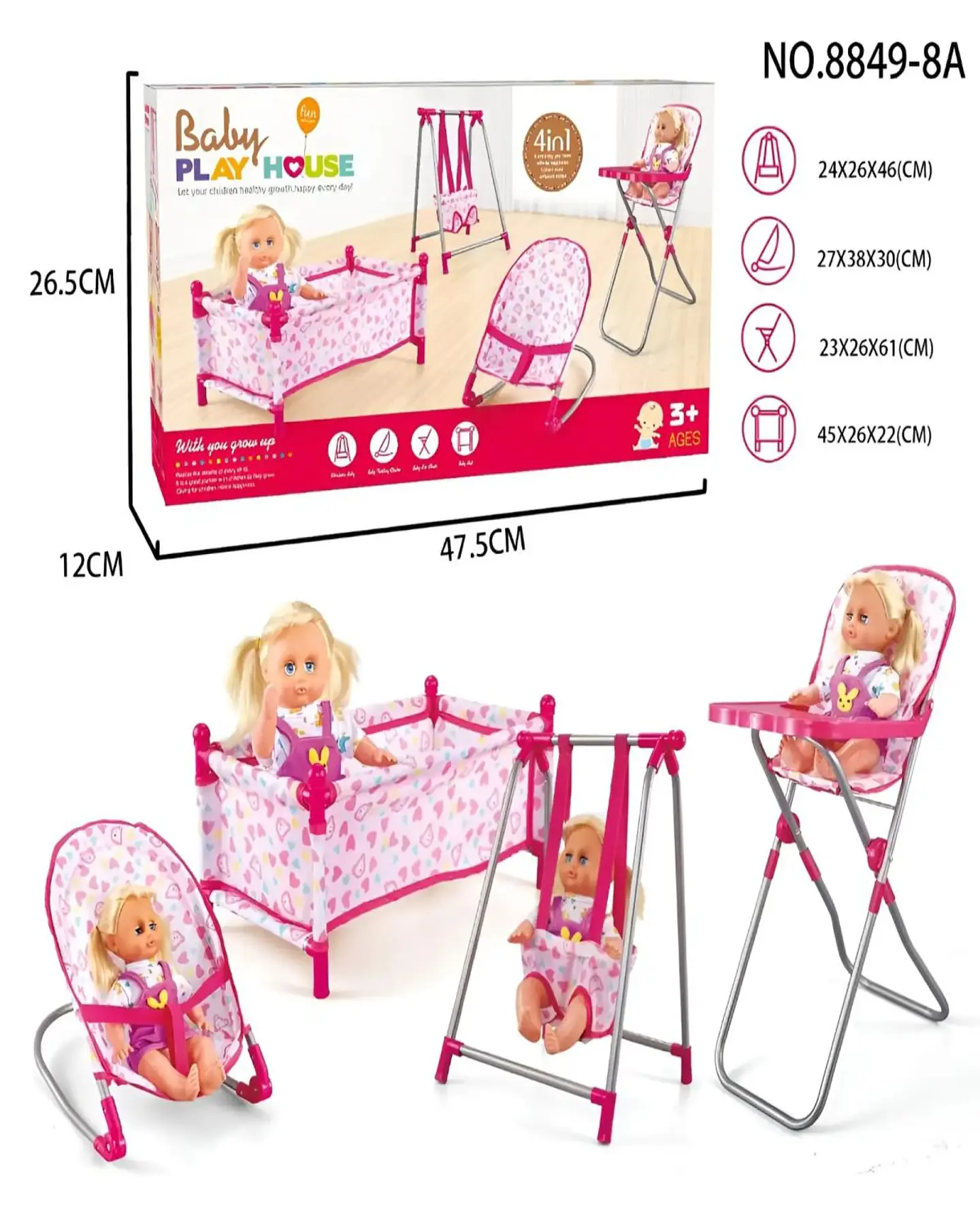 Set Muñecas 4 En 1 Cuna Silla Columpio Y Hamaca 5