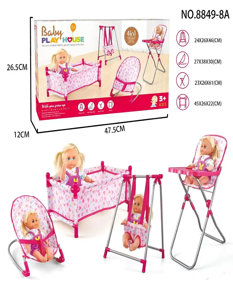 Set Muñecas 4 En 1 Cuna Silla Columpio Y Hamaca 5