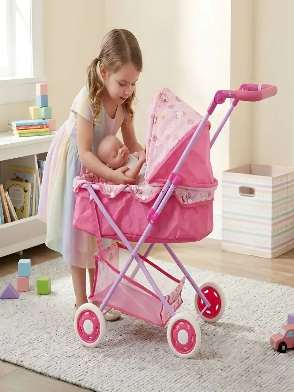 Coche para Muñecas Tipo Moisés con Canasto y Toldo Ajustable 1