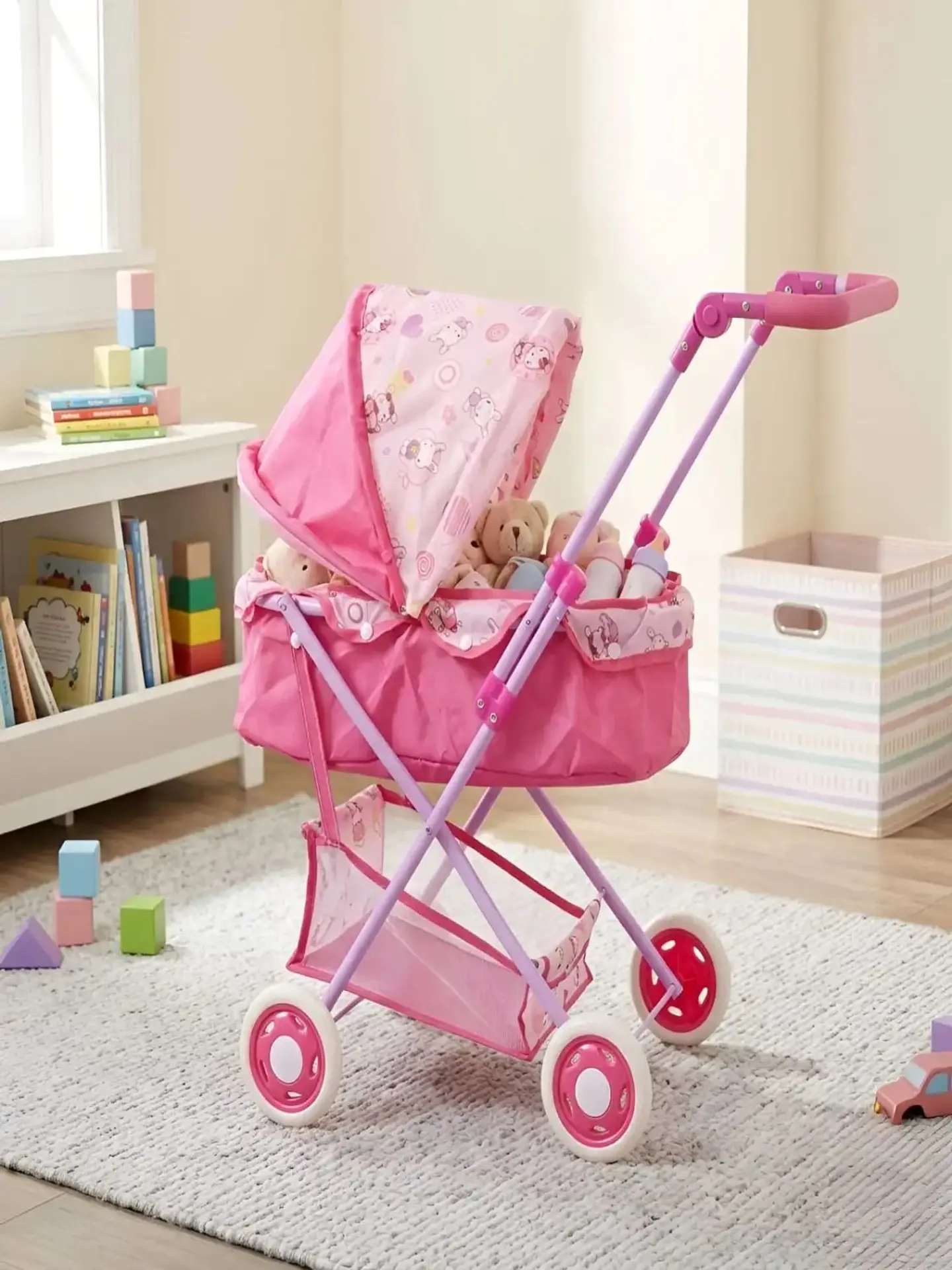 Coche para Muñecas Tipo Moisés con Canasto y Toldo Ajustable 2