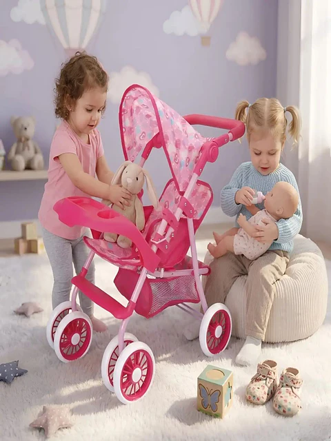 Coche de Juguete para Muñecas con Toldo y Bandeja Frontal - Rosado Corazones