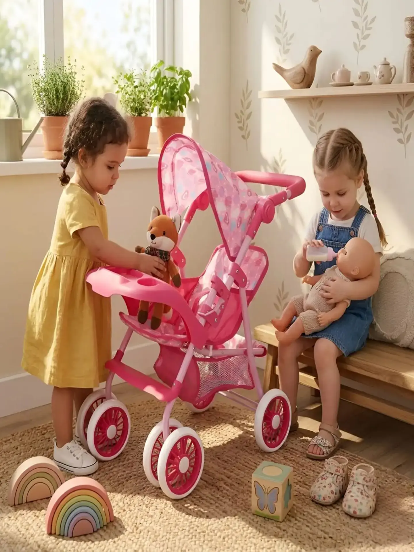 Coche de Juguete para Muñecas con Toldo y Bandeja Frontal - Rosado Corazones 2