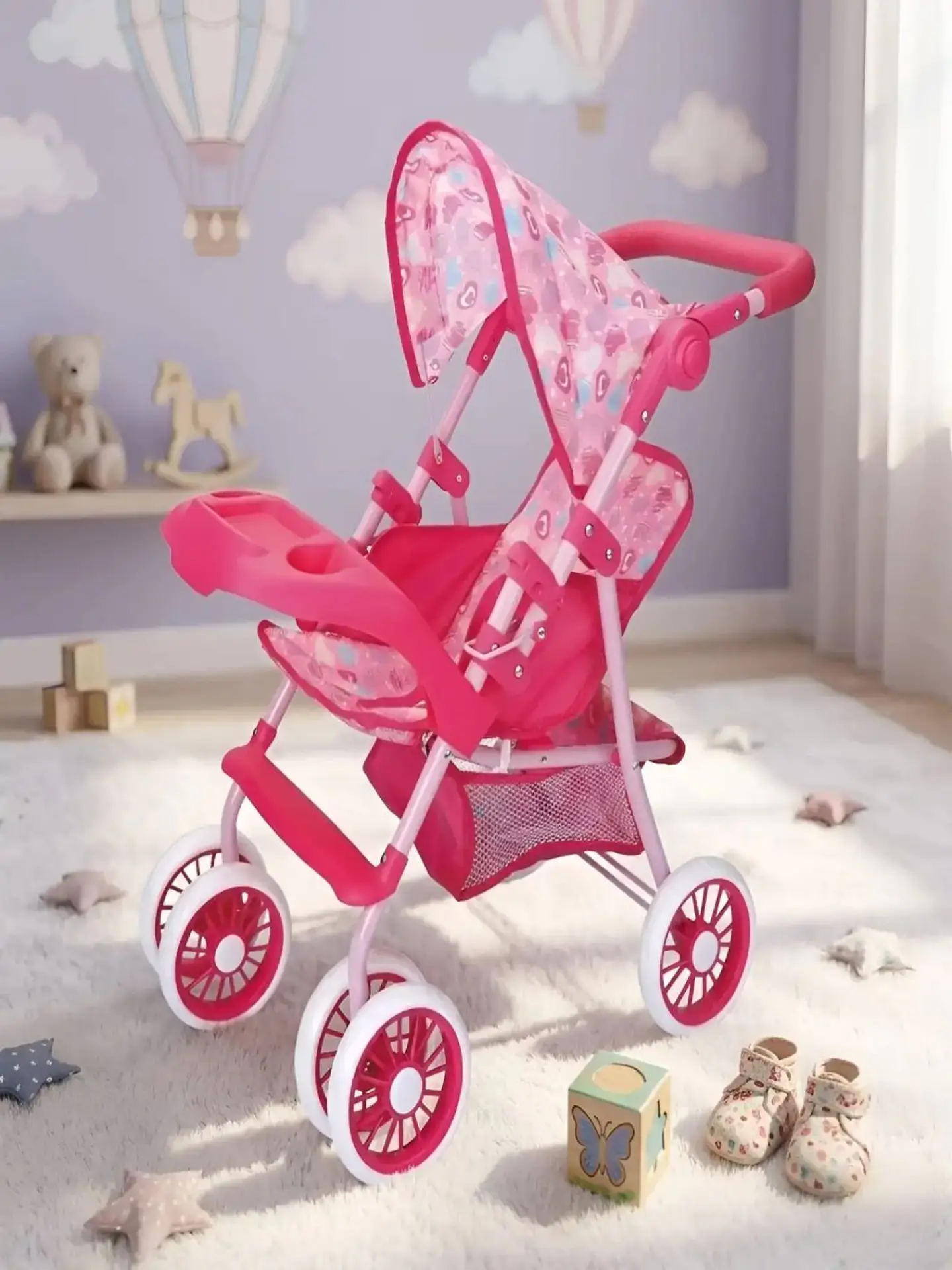 Coche de Juguete para Muñecas con Toldo y Bandeja Frontal - Rosado Corazones 4