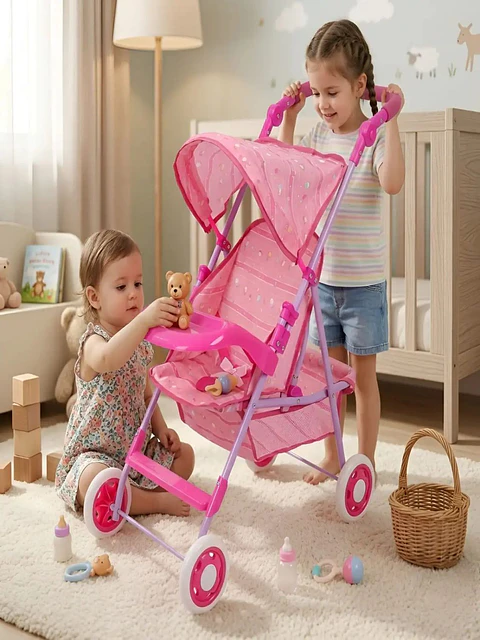 Coche de Juguete para Muñecas con Toldo Plegable y Bandeja Rosado Diseño Lineal