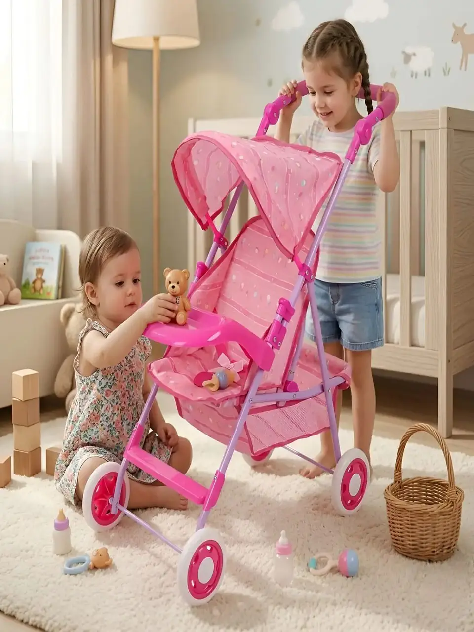 Coche de Juguete para Muñecas con Toldo Plegable y Bandeja Rosado Diseño Lineal 1