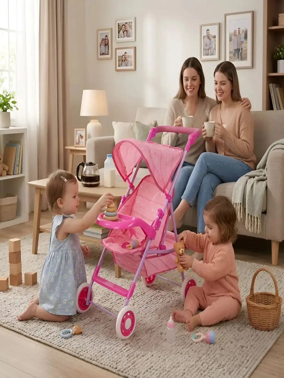 Coche de Juguete para Muñecas con Toldo Plegable y Bandeja Rosado Diseño Lineal 2