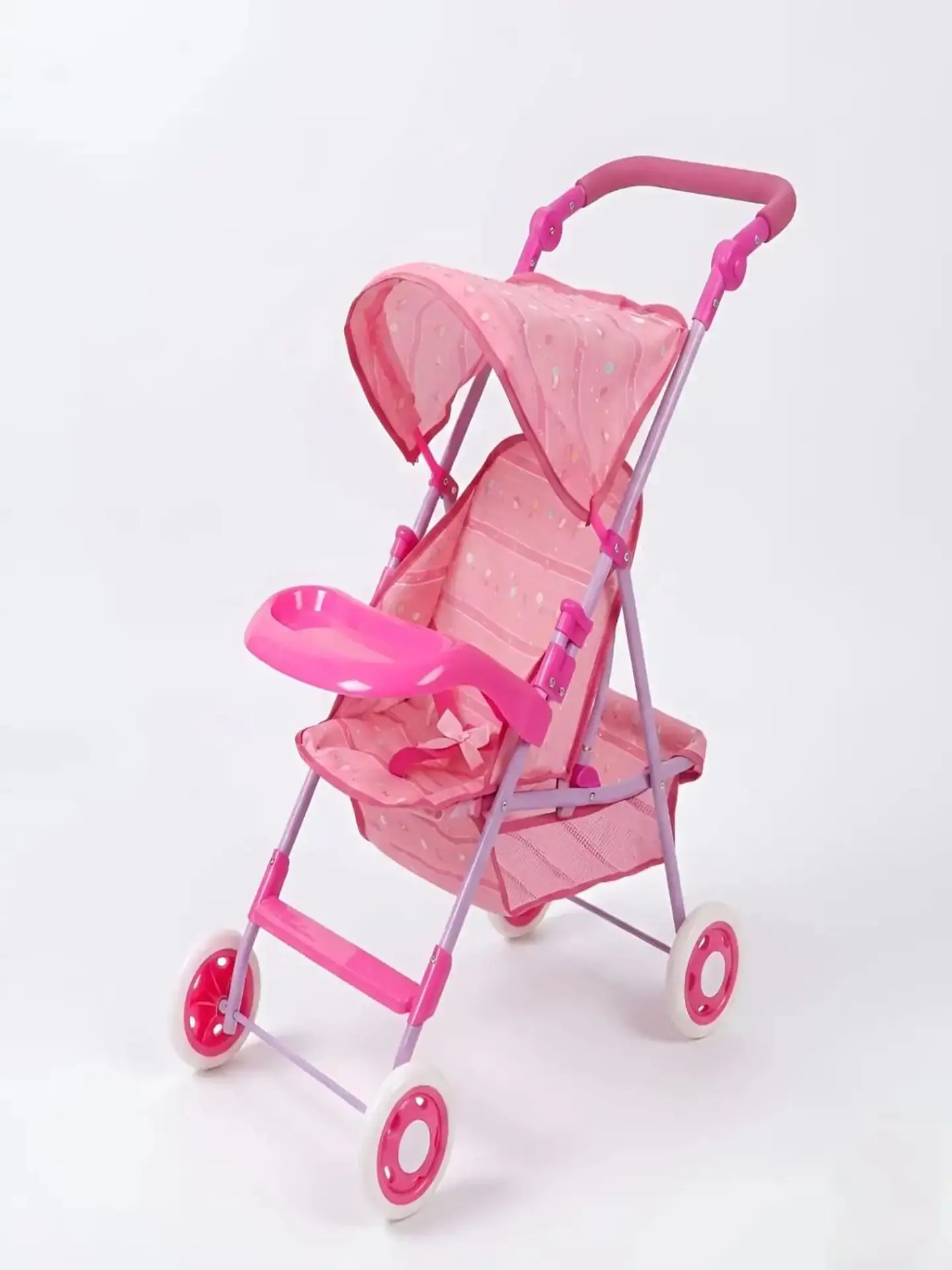 Coche de Juguete para Muñecas con Toldo Plegable y Bandeja Rosado Diseño Lineal 3