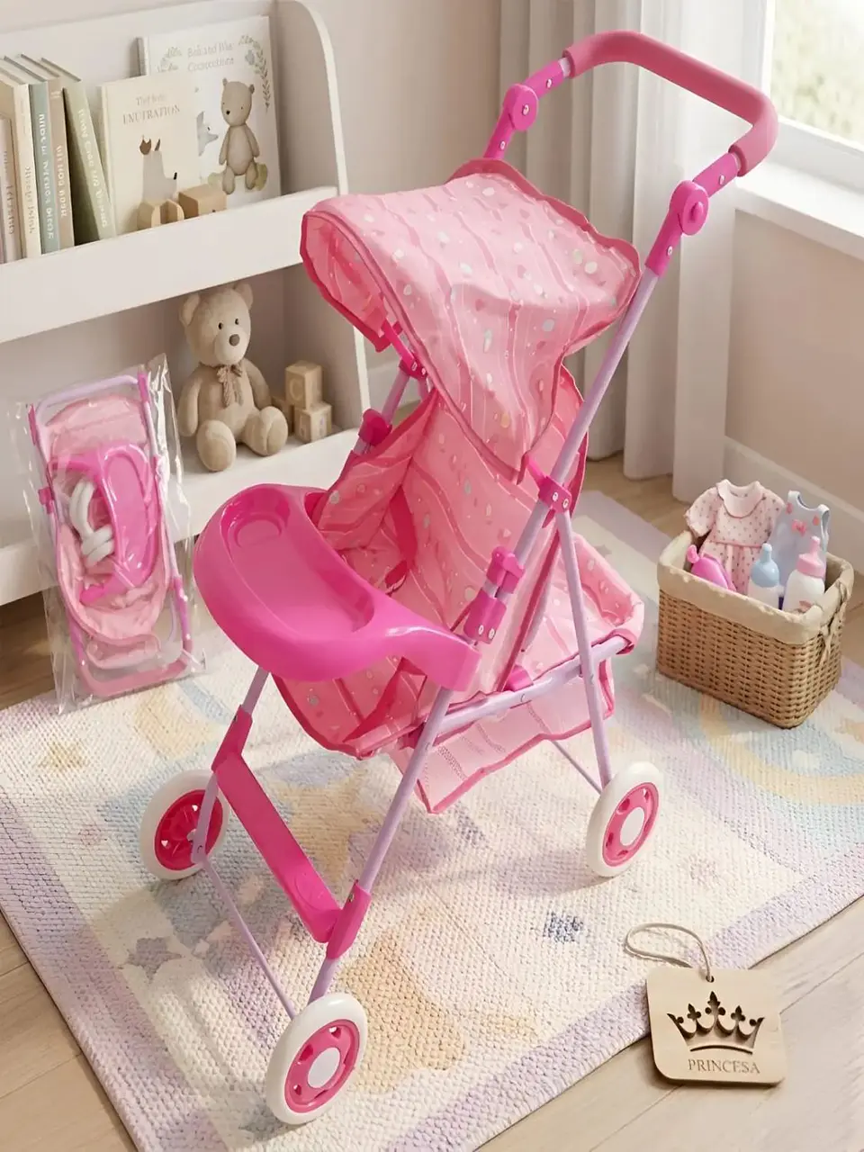 Coche de Juguete para Muñecas con Toldo Plegable y Bandeja Rosado Diseño Lineal 4