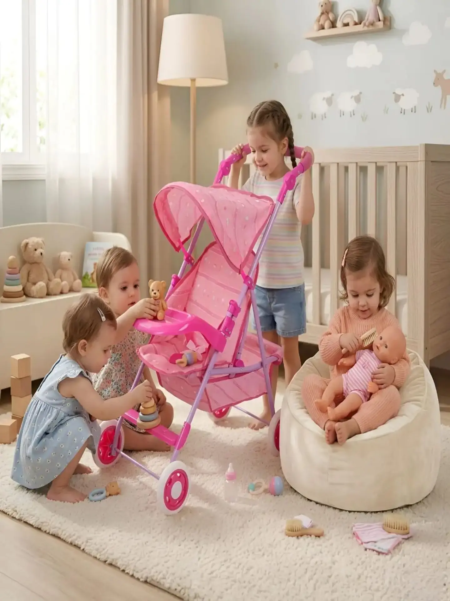Coche de Juguete para Muñecas con Toldo Plegable y Bandeja Rosado Diseño Lineal 5