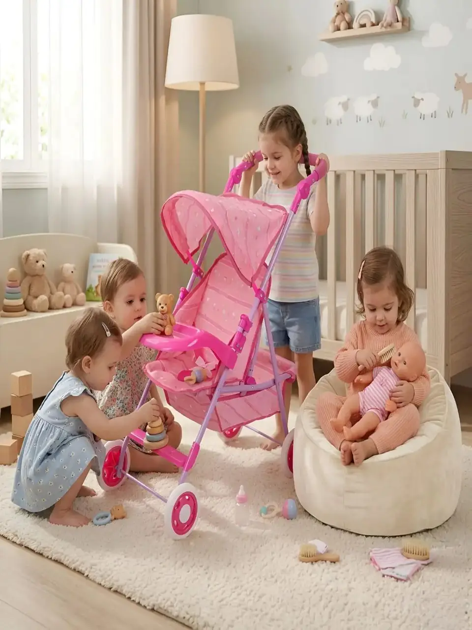 Coche de Juguete para Muñecas con Toldo Plegable y Bandeja Rosado Diseño Lineal 5