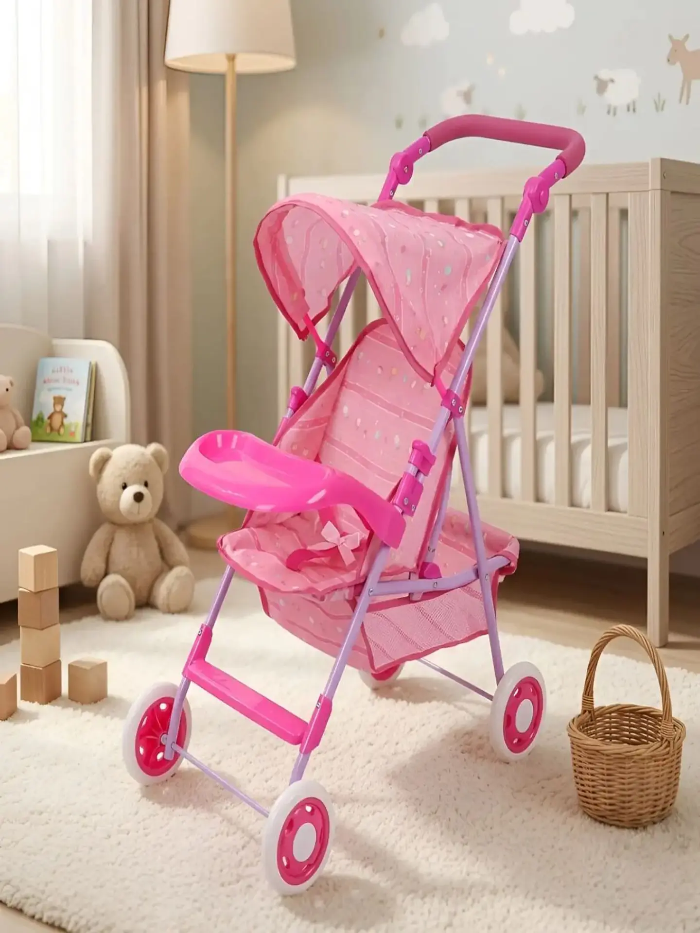 Coche de Juguete para Muñecas con Toldo Plegable y Bandeja Rosado Diseño Lineal 6