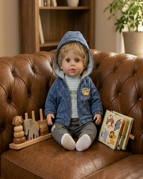 Muñeco Reborn Realista para Niños con Conjunto Azul Melange y Capucha