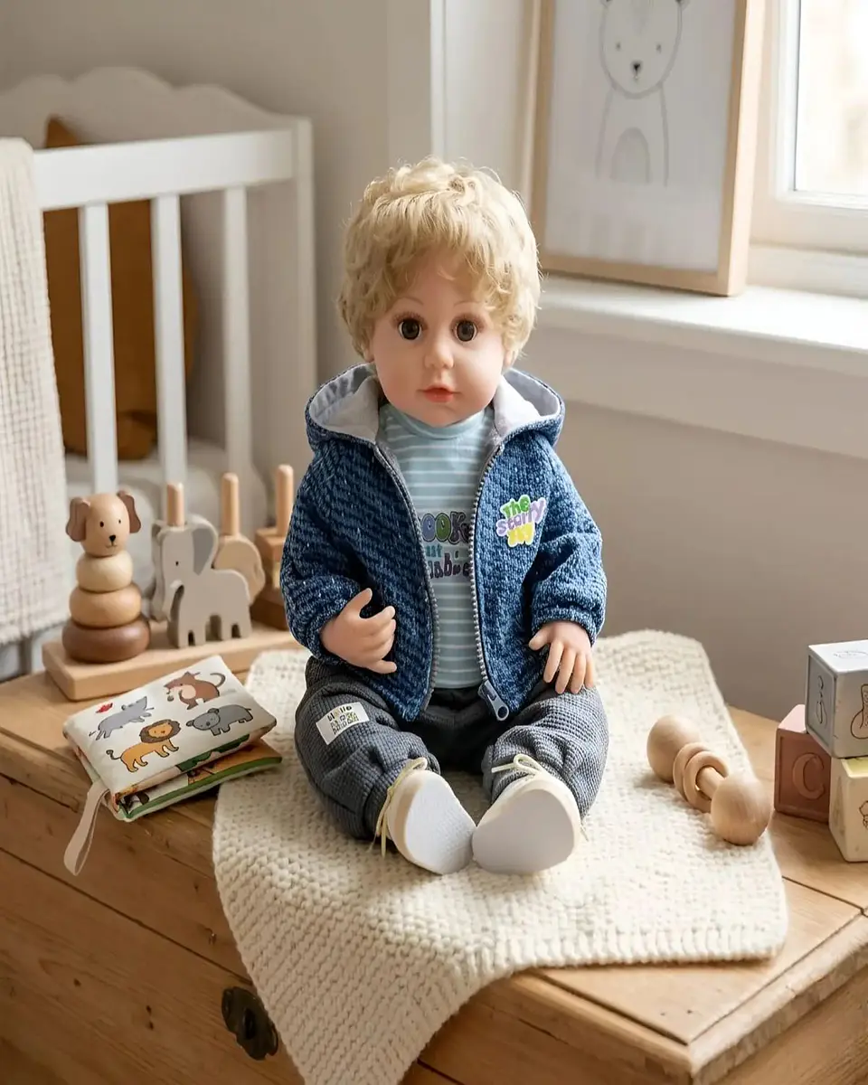 Muñeco Reborn Realista para Niños con Conjunto Azul Melange y Capucha 3