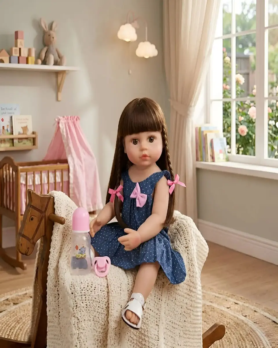 Muñeca Reborn Realista con Accesorios Vestido Azul y Trenzas 1