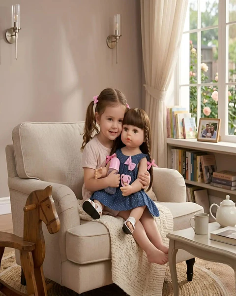 Muñeca Reborn Realista con Accesorios Vestido Azul y Trenzas