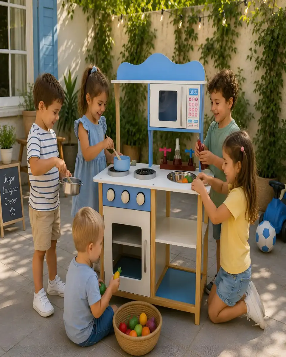 Cocina de Madera Infantil con Microondas y Horno - Celeste y Blanco 2