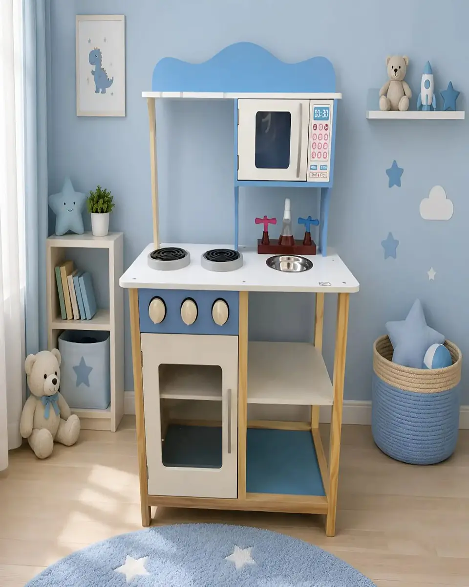 Cocina de Madera Infantil con Microondas y Horno - Celeste y Blanco 3