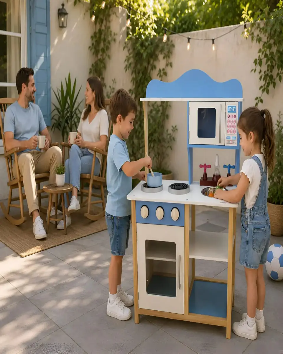Cocina de Madera Infantil con Microondas y Horno - Celeste y Blanco 4