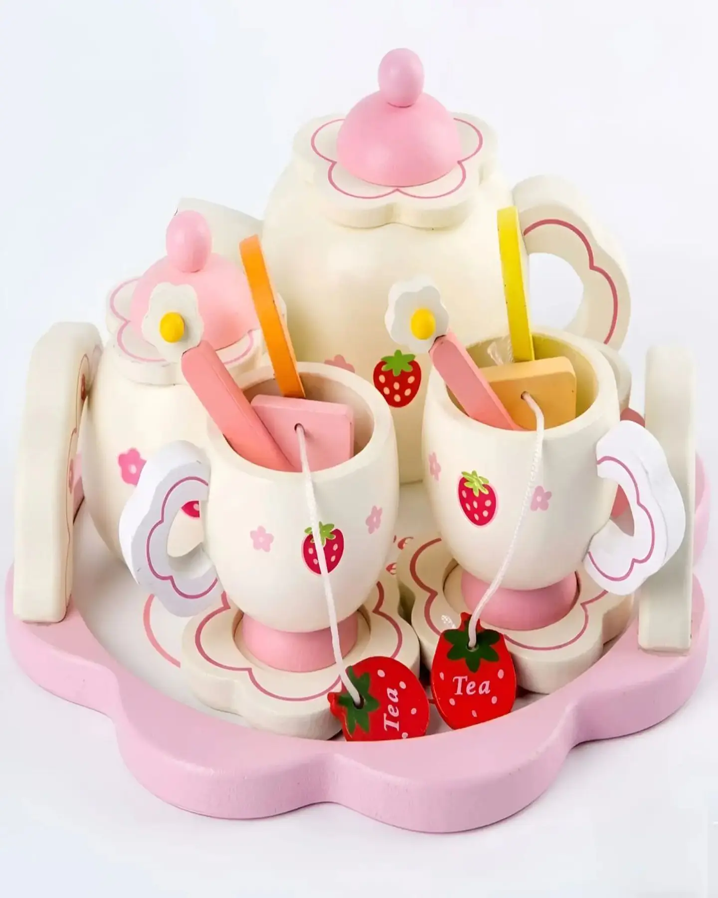 Set de Té de Madera Infantil Con Diseño De Fresas 6