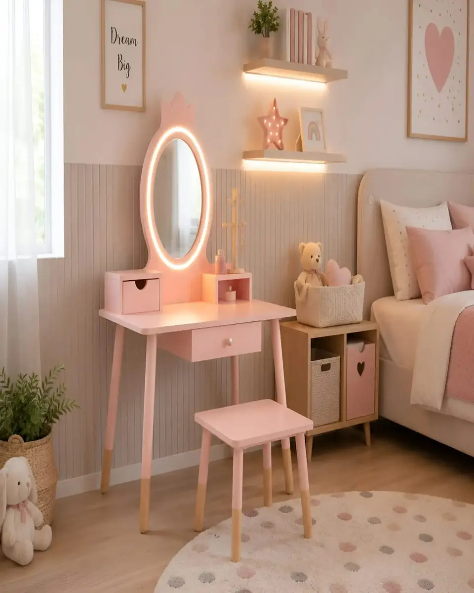 Tocador Infantil con Espejo LED, Cajones y Taburete - Rosa Nórdico 1