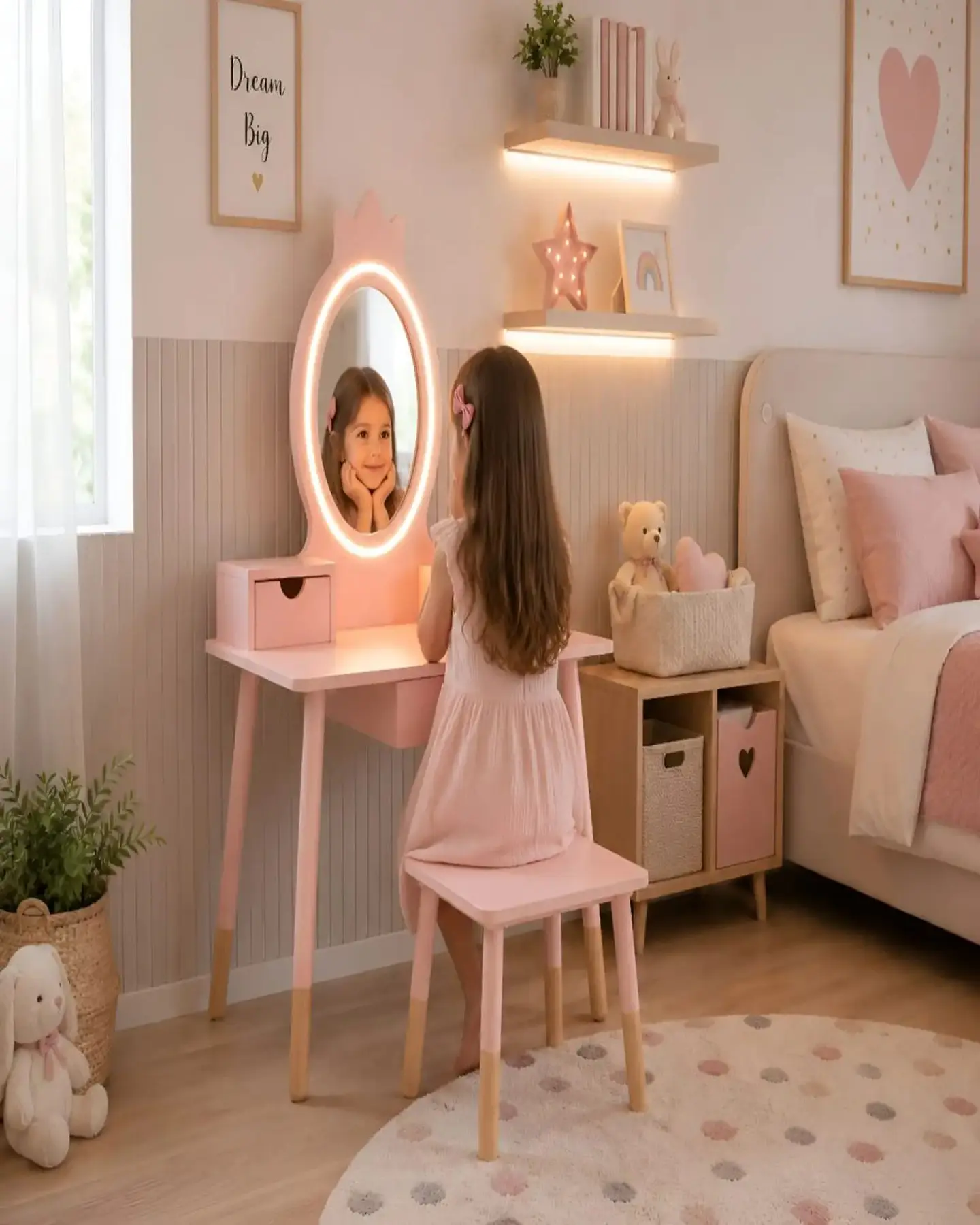 Tocador Infantil con Espejo LED, Cajones y Taburete - Rosa Nórdico 2