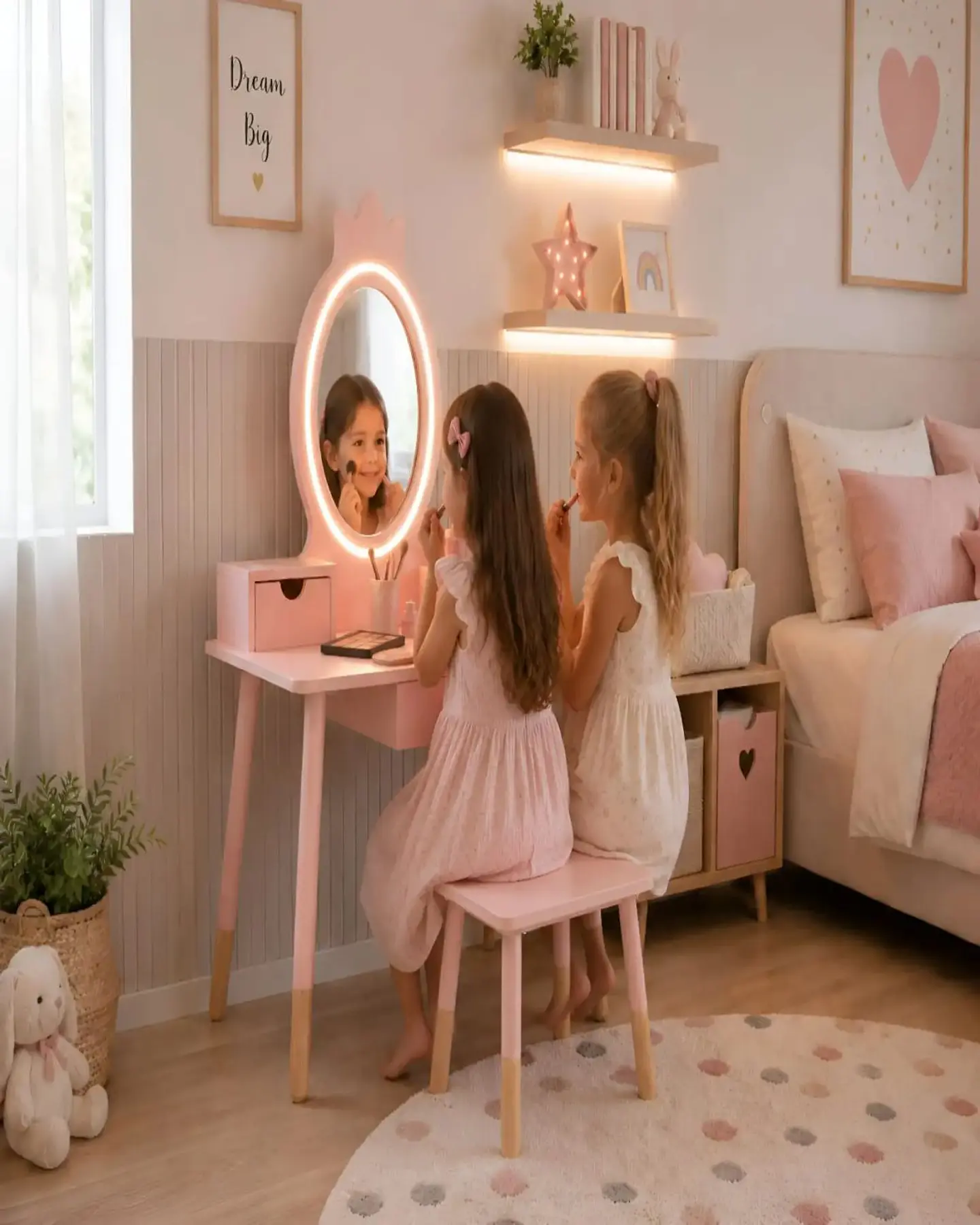 Tocador Infantil con Espejo LED, Cajones y Taburete - Rosa Nórdico 3