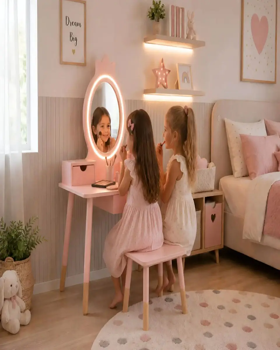 Tocador Infantil con Espejo LED, Cajones y Taburete - Rosa Nórdico 3