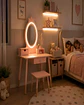 Tocador Infantil con Espejo LED, Cajones y Taburete - Rosa Nórdico - Miniatura 4