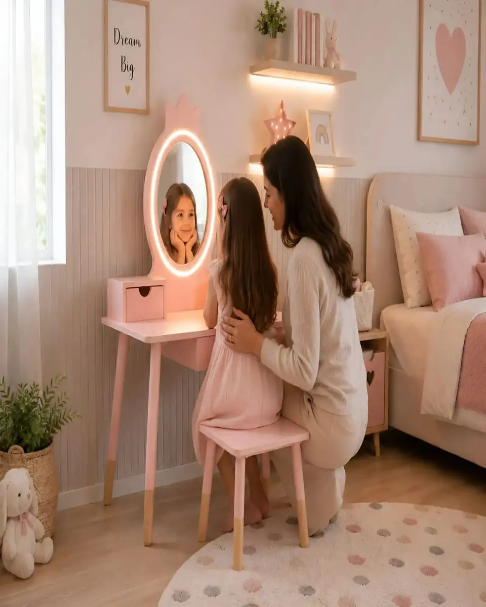 Tocador Infantil con Espejo LED, Cajones y Taburete - Rosa Nórdico 5