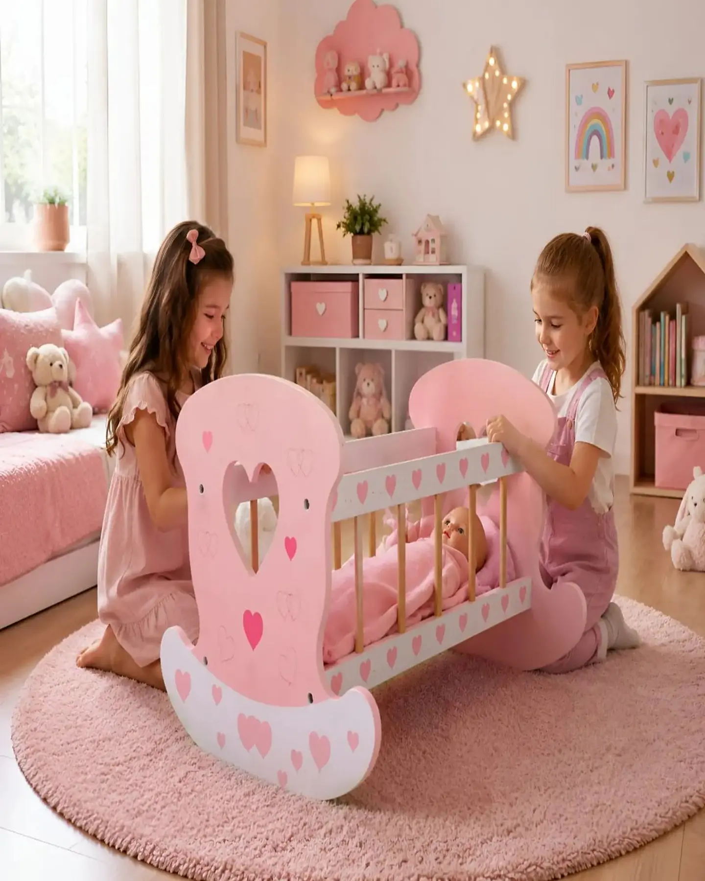 Cuna Mecedora de Madera para Muñecas - Diseño Corazones Rosa 2