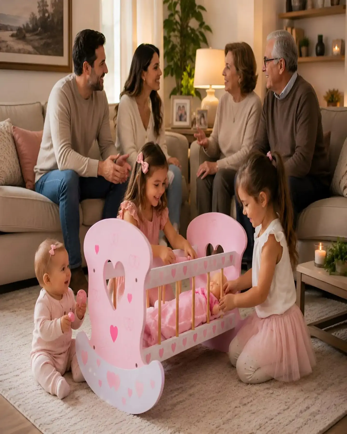 Cuna Mecedora de Madera para Muñecas - Diseño Corazones Rosa 4