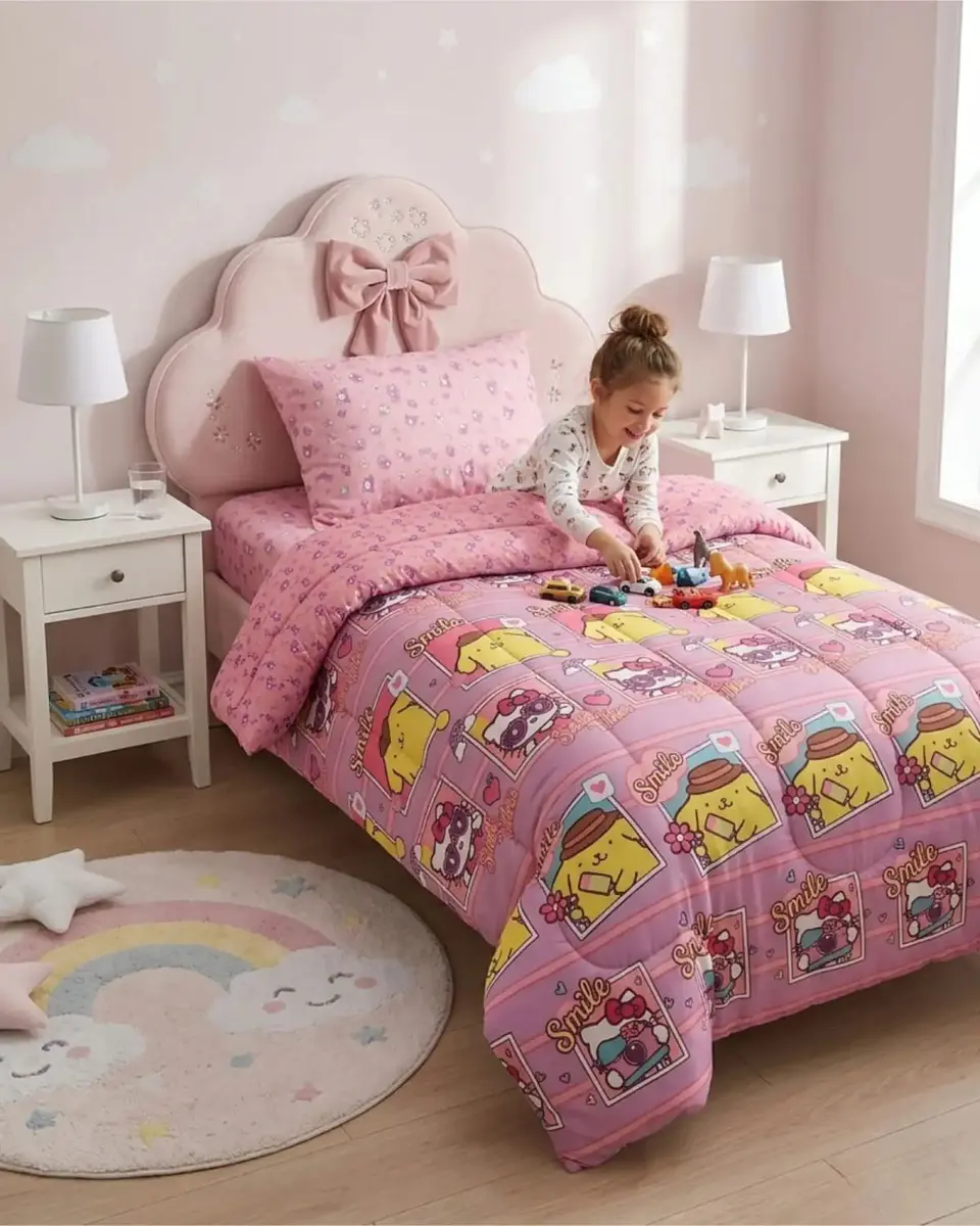 Cubrecama Infantil Rosado con Funda Diseño Flores y Gráficos 2
